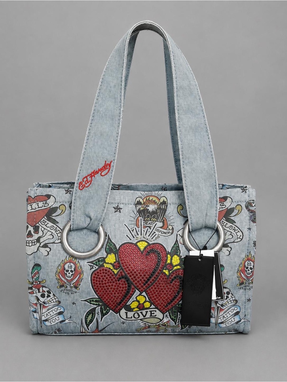Ed Hardy Denim Blue Tattoo Heart Skull Rhinestone Tote Bag Zip Pockets Lined